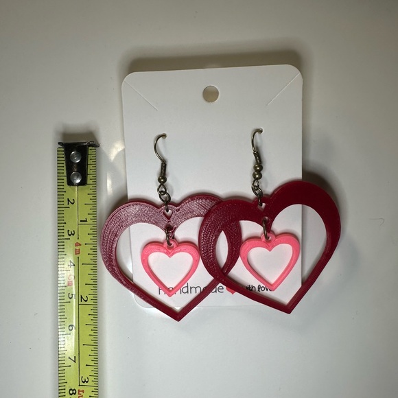 Handmade Red and Pink Double Heart Earrings NEW - Picture 2 of 3